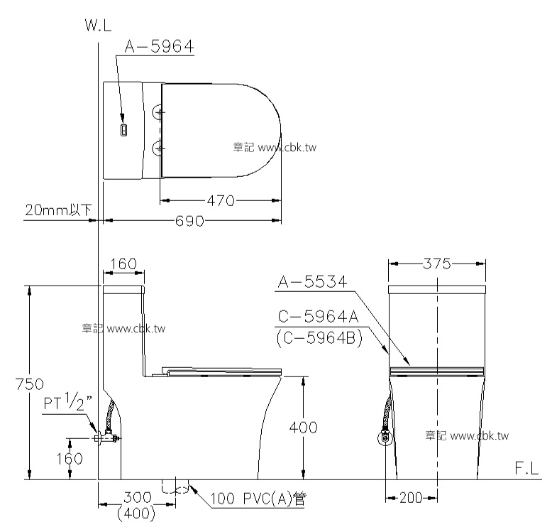 電光牌(TENCO)二段式單體馬桶SC5964A-T | KOHLER章記衛廚(CBK)-衛浴廚具