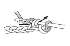 鉤針掛線後依箭頭方線拉出，此時，鉤針上掛著2個線圈