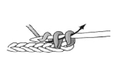 鉤針再一次掛線，利用鉤針將毛線穿過鉤針上的 2 個線圈拉出即完成一個短針