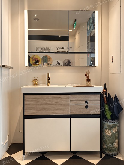 KOHLER K-24374T-NA Maxispace 2.0<br>升級版鏡櫃 (側燈/黑) <br>K-23800T-MT9 + K-24370T-1-0 <br>MAXISPACE 2.0 盆櫃組 100cm / 奶茶色+<br>K-77958T-4A-AF面盆龍頭 (法蘭金)示意圖