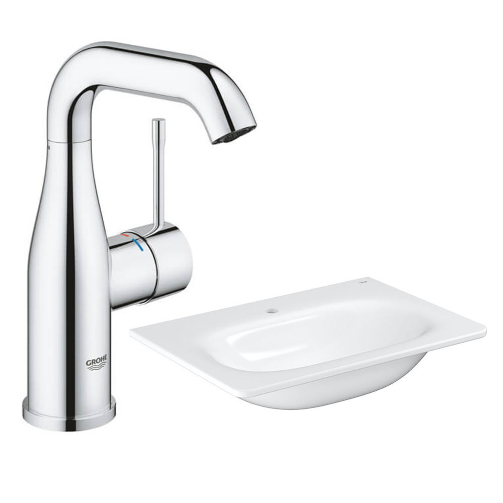GROHE<br>24173.001 + 39564.00H<br>ESSENCE NEW 單槍面盆龍頭 + ESSENCE 壁掛式檯面盆<br>(外徑 70 x 48.5 cm)示意圖