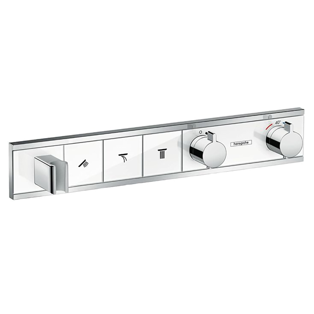 Hansgrohe 15356400<br>RainSelect<br>三路掛勾定溫開關面板<br>(鏡面白 / 不含軸心)示意圖