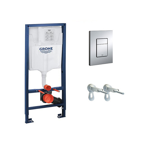 GROHE<br>38732.000 / 38528.001 / G38558.00M<br>兩段式沖水面板 +<br>Rapid SL輕隔間用埋壁水箱+<br>牆上固定座示意圖