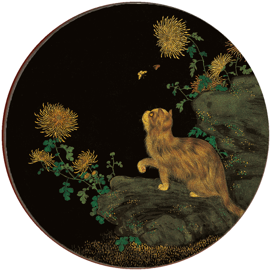 Depiction of Cats and Butterflies Signalling the Longevity of Spring-A Cat amidst the Chrysanthemum in Bloom畫心