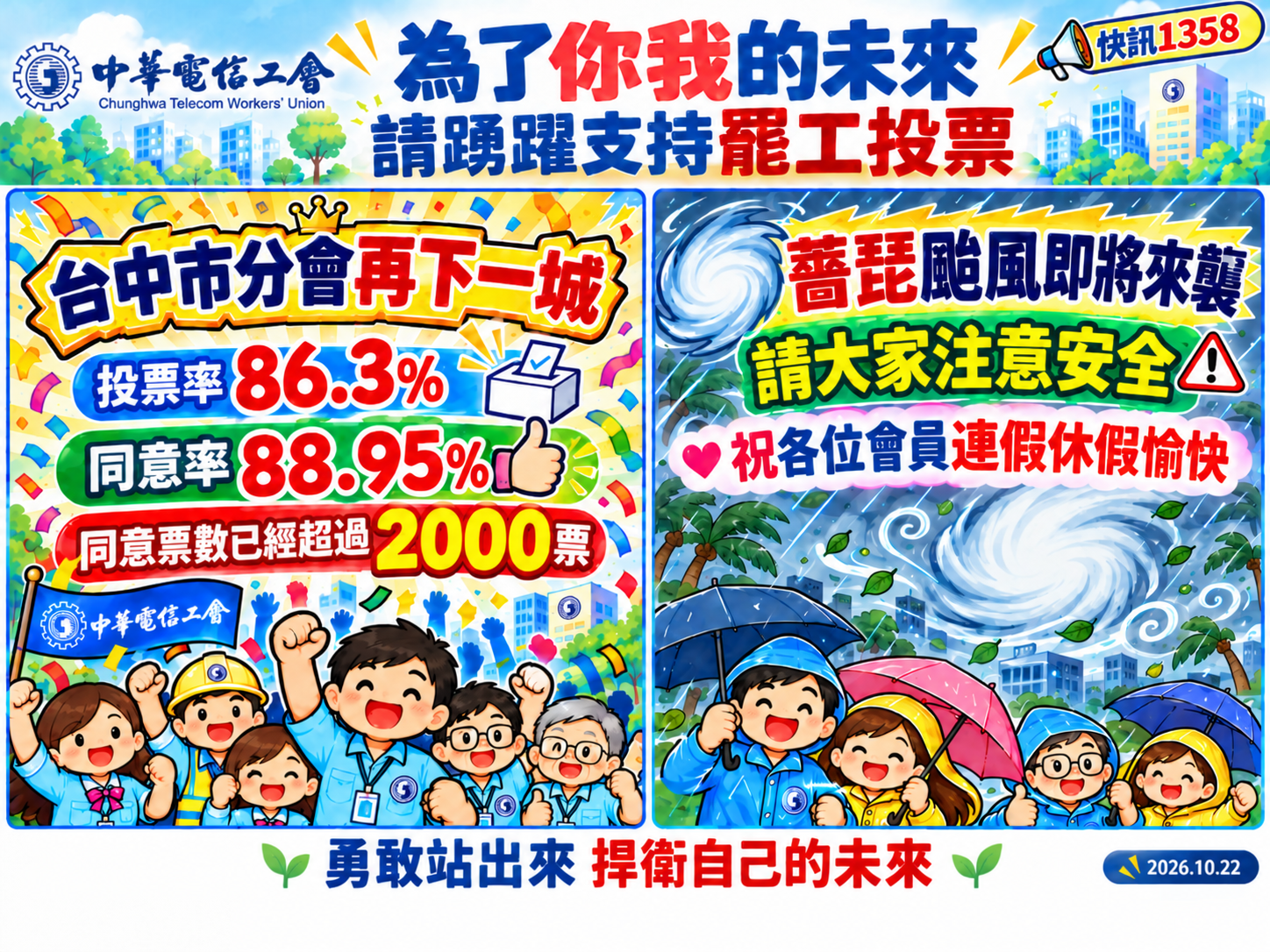 115/10/22罷工投票文宣:台中市分會再下一城;薔琵颱風即將來襲請大家注意安全