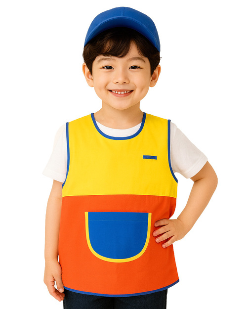 幼兒園圍兜 無袖 訂製款 有口帶 黃橘接片 <span>BIC-00-17</span>示意圖