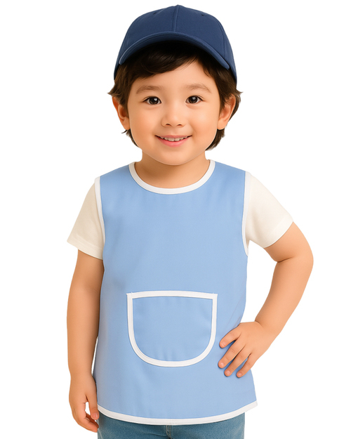 團體服樣式精選<br>幼兒園圍兜 無袖 訂製款 藍滾白加口袋<span>BIC-00-01-Style</span>示意圖