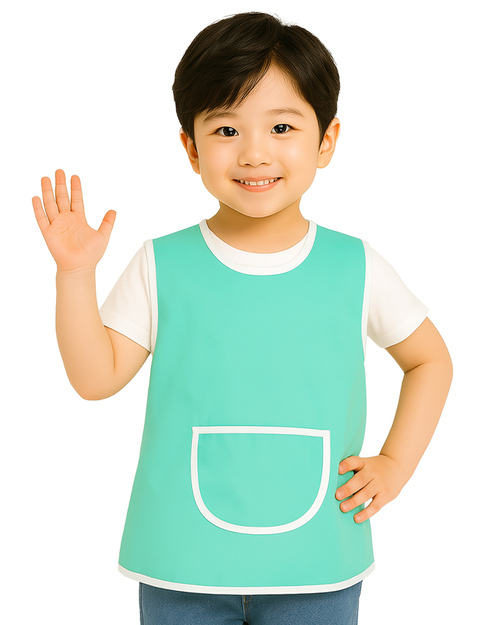 團體服樣式精選<br>幼兒園圍兜 無袖 訂製款 蒂芬妮綠滾白加口袋 <span>BIC-00-21-Style</span>示意圖