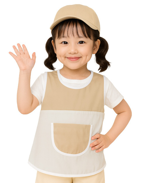 團體服樣式精選<br>幼兒園圍兜 無袖 訂製款 卡其配米白<span>BIC-00-29-Style</span>示意圖