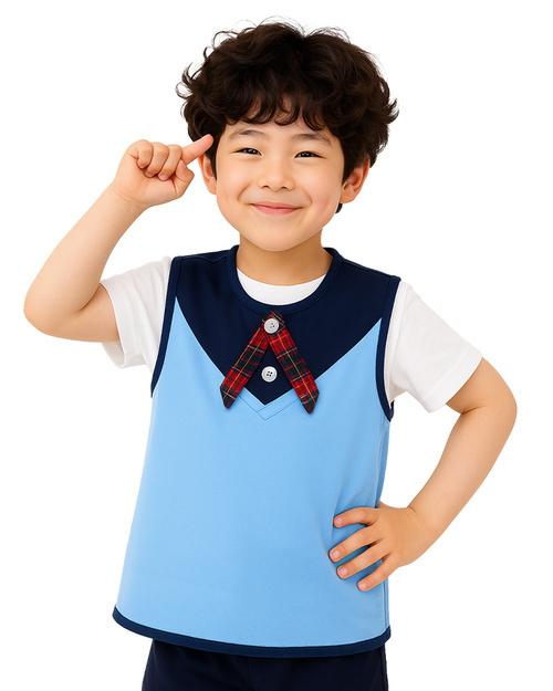 團體服樣式精選<br>幼兒園圍兜 無袖 訂製款 假兩件水藍滾丈青<span>BIC-00-25-Style</span>示意圖