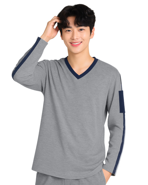 健檢服 V領男版｜貼條加筆插袋 麻黑配丈青｜<span>TM-LCX-0001-3-04</span>示意圖