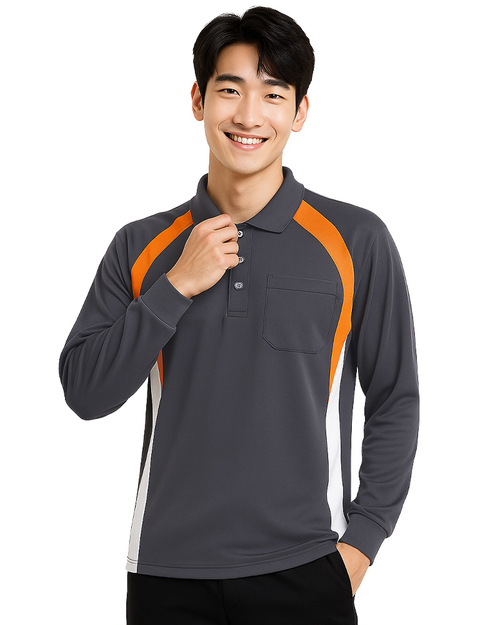 POLO訂製中性｜束口袖剪接造型｜灰配桔白｜<span>PCANB-P12-00483</span>示意圖