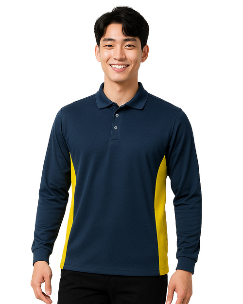 POLO衫訂製｜中性長袖｜丈青腰接黃｜<span>PCANB-P12-00488</span>示意圖