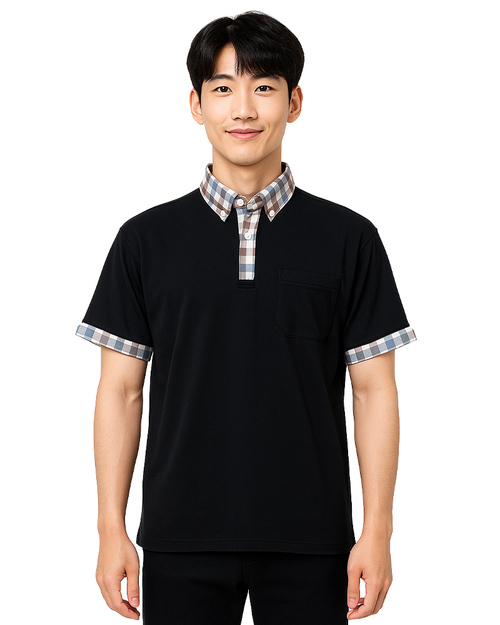 POLO訂製短袖｜假兩件拼接格紋襯衫｜<span>PCANB-S11-00471</span>示意圖