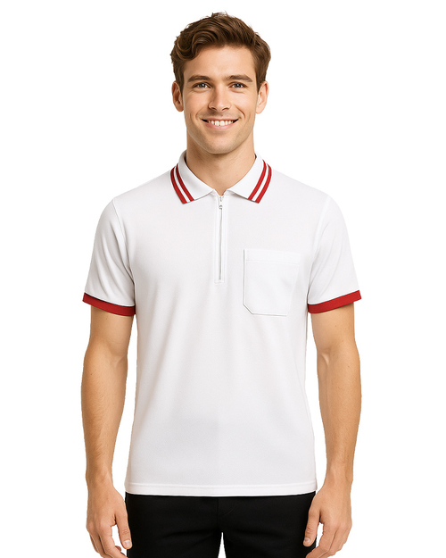 POLO衫短袖訂製｜拉鍊領束口袖｜白配紅｜<span>PCANB-S21-00478</span>示意圖