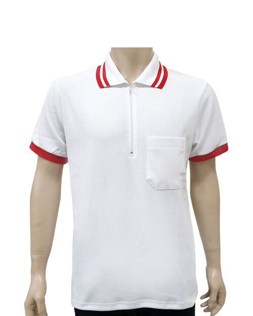 POLO衫短袖訂製拉鍊領束口袖-白紅 <span>PCANB-S21-00478</span>示意圖