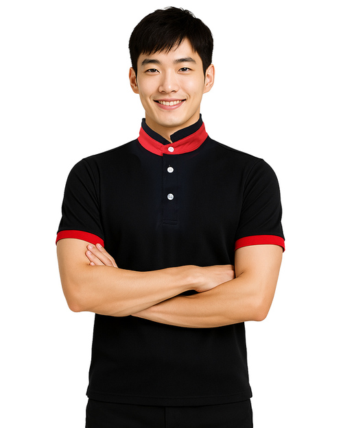 POLO衫訂製斜袖中性｜立領上下領接袖｜黑配紅｜<span>PCANB-S41-00467</span>示意圖