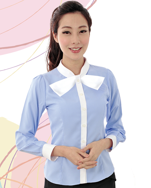 女襯衫 長袖襯衫 短袖襯衫  藍色 短白巾領  <span>S-44ED ＃P.19</span>示意圖