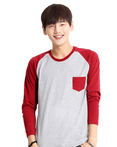 T恤純棉斜肩圓領長袖中性版-麻灰配酒紅<span>TC25B-AA02-219</span>示意圖