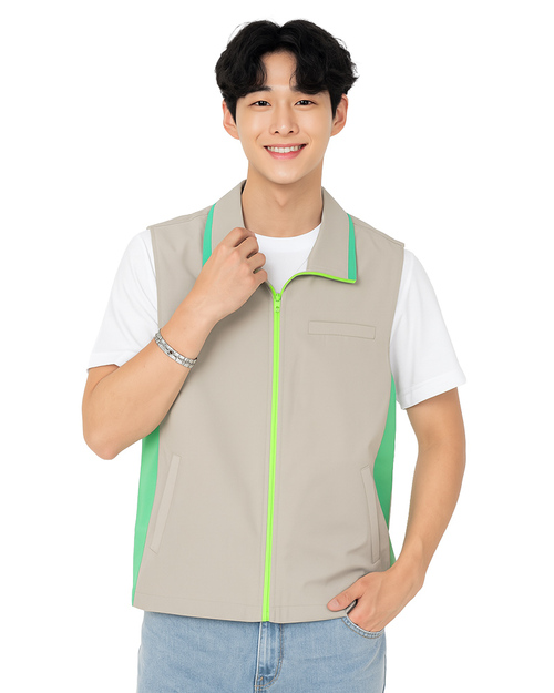 休閒背心選舉背心｜加內裡 訂製款｜卡其配綠｜<span>VCAN-D-09</span>示意圖