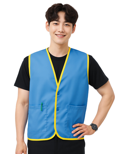 活動背心訂製｜釦子款｜翠藍滾黃｜<span>VCAN-C-06</span>示意圖