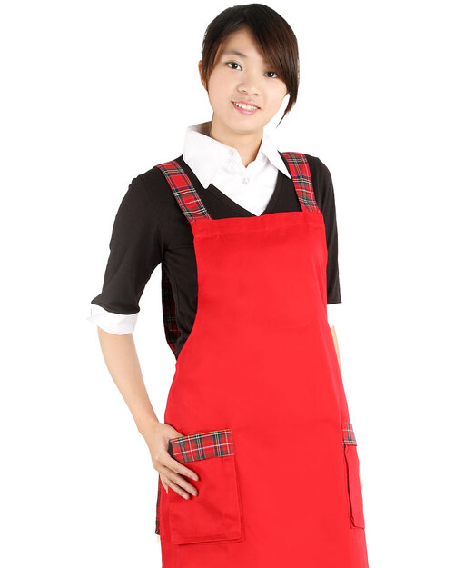 格子圍裙/日式圍裙/訂製圍裙-口袋二個-紅<span>APCAN-A-00012</span>示意圖