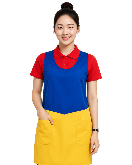 拚色造型圍裙｜繞頸圍裙訂製-寶藍配黃｜<span>APCAN-C-00077</span>示意圖