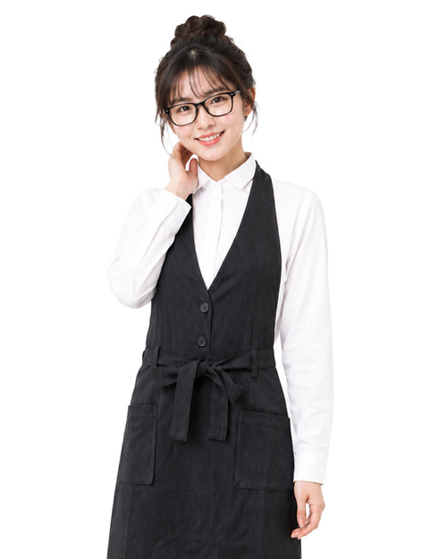 繞頸圍裙 訂製｜服務業背心圍裙｜V領三口袋款-黑｜<span>APCAN-C-00078</span>示意圖