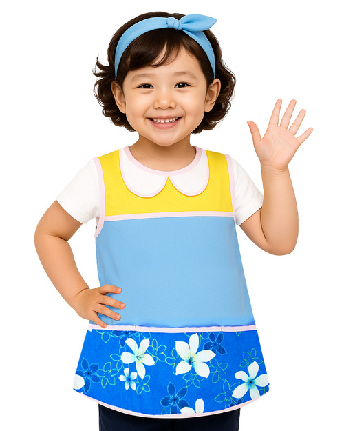 幼兒園圍兜 無袖 訂製款 花布藍黃滾粉紅<span>BIC-00-15</span>示意圖