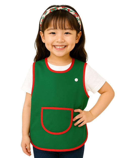 幼兒園圍兜 無袖 訂製款 綠配紅<span>BIC-03-35</span>示意圖