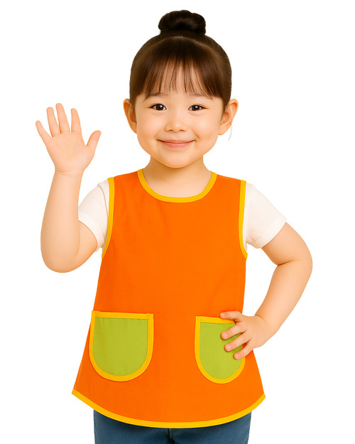 幼兒園圍兜 無袖 訂製款 桔滾金黃配綠 <span>BIC-00-43</span>示意圖