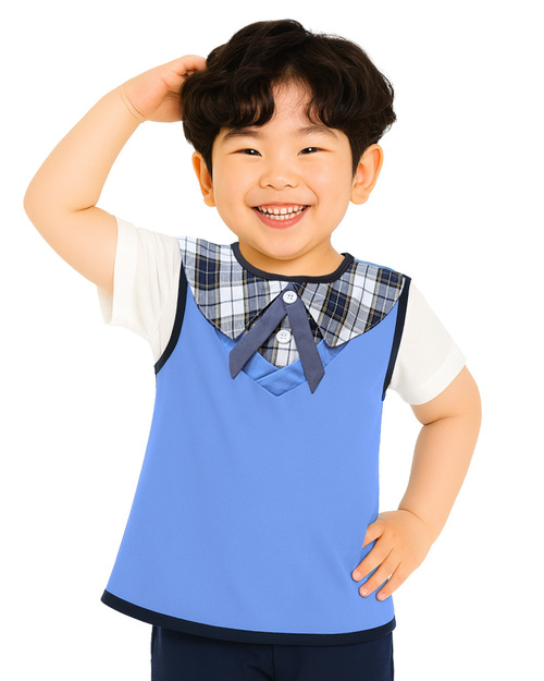 幼兒園圍兜 無袖 訂製款 假兩件款 藍配格子<span>BIC-01-26</span>示意圖