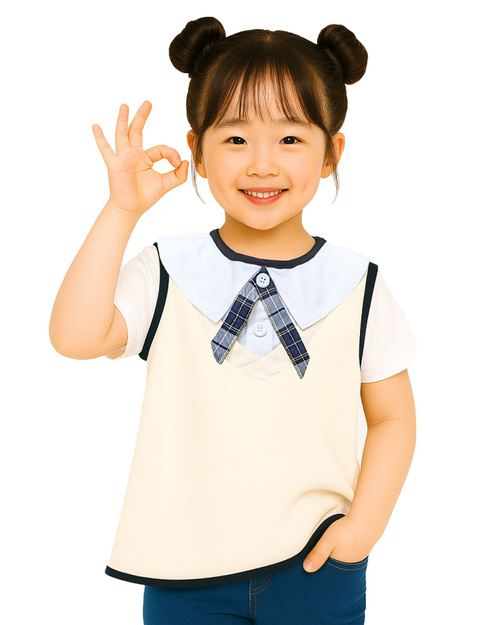 幼兒園圍兜 無袖 訂製款 假兩件款 米白配白<span>BIC-01-27</span>示意圖