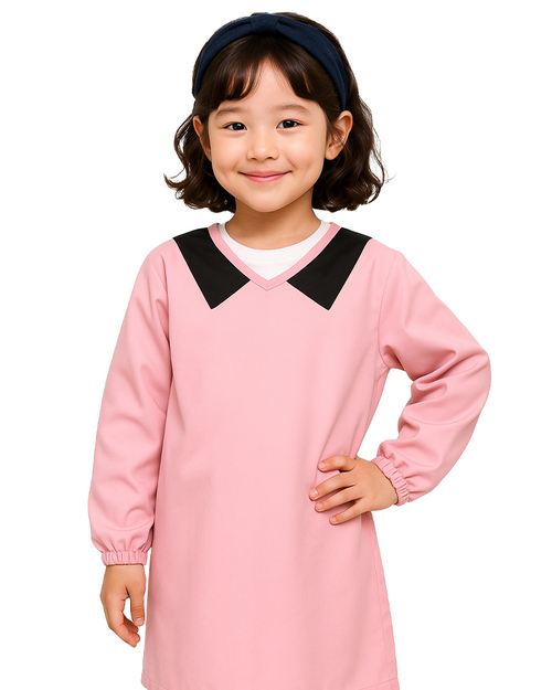 幼兒園圍兜 長袖 訂製款 假領片款 粉紅配黑<span>BICS-02-08</span>示意圖