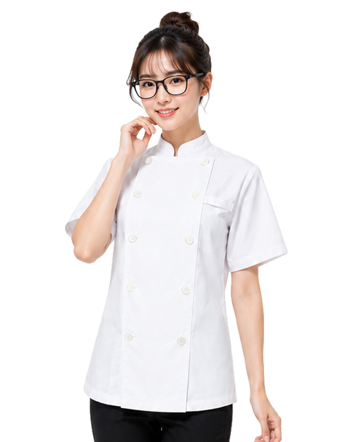 短袖廚師服｜雙排釦＋名牌環袋 白｜<span>CCW-CAN-BA-10</span>示意圖