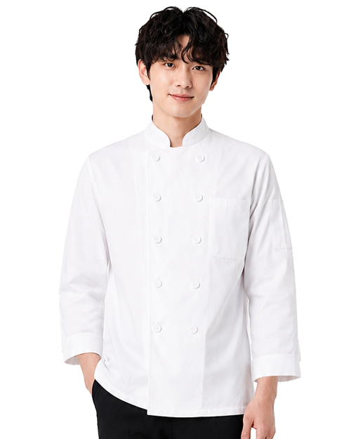 九分袖廚師服｜立領雙排釦-白色｜<span>CCW-CAN-BD-01</span>示意圖