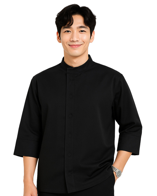 廚師服｜單排暗釦 後背透氣開口｜七分袖 黑｜<span>KC-7KO-0004-01</span>示意圖