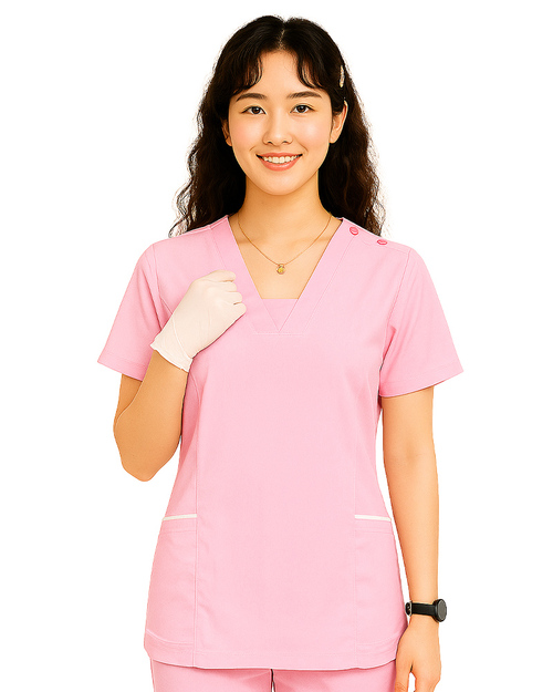 V領檔片 剪接斜口袋手術服-肩開釦款-粉紅<span>DOCA-A03-03c</span>示意圖