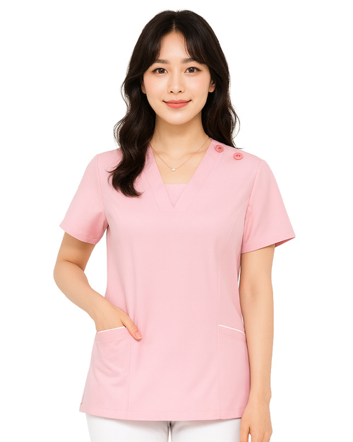 V領檔片 剪接斜口袋手術服-肩開釦款-粉紅<span>DOCA-A03-03c</span>示意圖