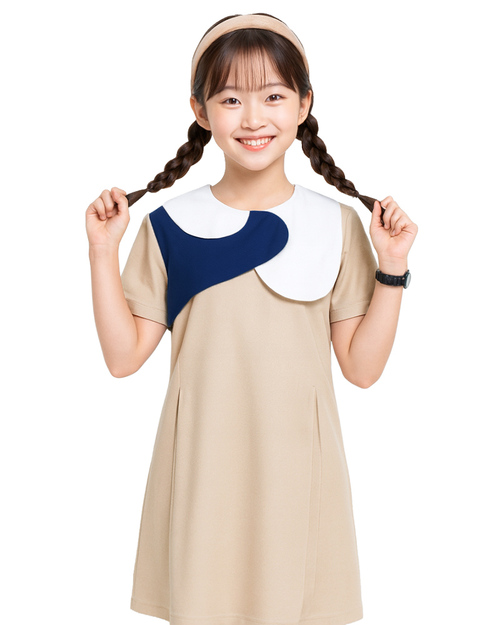 短袖 洋裝 訂製 拼接款 卡其配白深藍｜<span>DRCANK-B1-001-1</span>示意圖