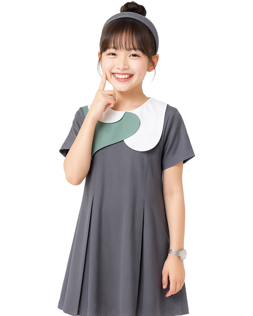 短袖兒童洋裝 訂製拼接款 深灰配白綠｜<span>DRCANK-B1-001</span>示意圖
