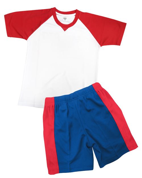 夏季幼兒園-T恤訂製-圓領三角接片斜袖 白配紅 <span>KINDER-S-B01</span>示意圖