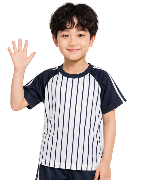 夏季幼兒園-T恤訂製-丈青配白-昇華配條 <span>KINDER-S-B07a</span>示意圖
