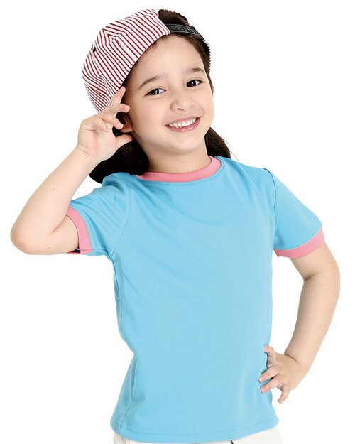 團體服樣式精選<br>排汗衣 圓領短袖 吸引力快乾 童 天藍配粉紅<span>THQK-AD01-50-Style</span>示意圖