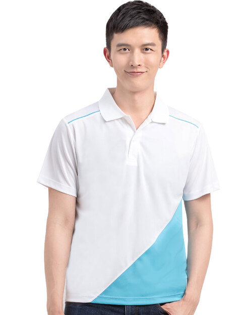 團體服樣式精選<br>POLO衫短袖訂製斜接片款-白配藍 <span>PCANB-P01-00453-Style</span>示意圖