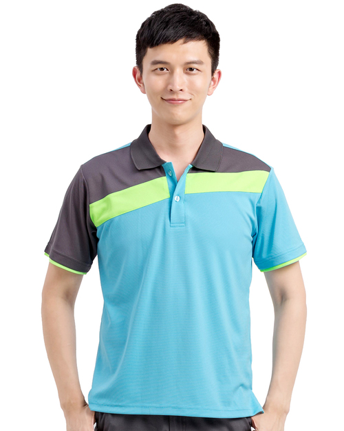 團體服樣式精選<br>POLO衫訂製短袖斜片剪接造型雙袖款-水藍配灰螢光綠 <span>PCANB-S01-00421-Style</span>示意圖