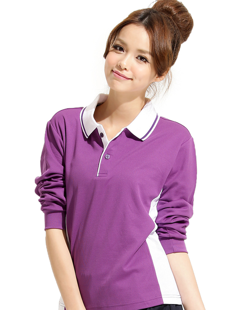 團體服樣式精選<br>POLO衫  訂製款 束口 長袖 腰身 紫/白/領配條 <span>PCANG-P12-00399-Style</span>示意圖