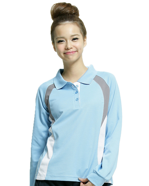 團體服樣式精選<br>POLO衫  訂製款 束口 長袖 腰身 水藍/白/灰 <span>PCANG-P12-00403-Style</span>示意圖