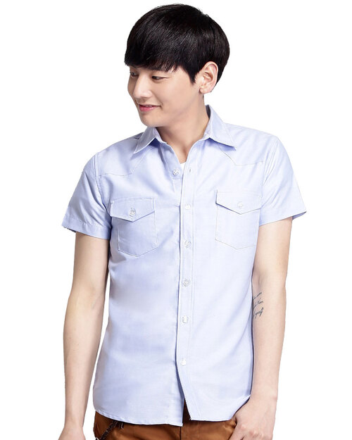 團體服樣式精選<br>專櫃襯衫 訂製 短袖 素面水藍<span>SCANB-A01-02-Style</span>示意圖