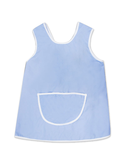 團體服樣式精選<br>幼兒園圍兜 無袖 訂製款 藍滾白加口袋<span>BIC-00-01-Style</span>示意圖
